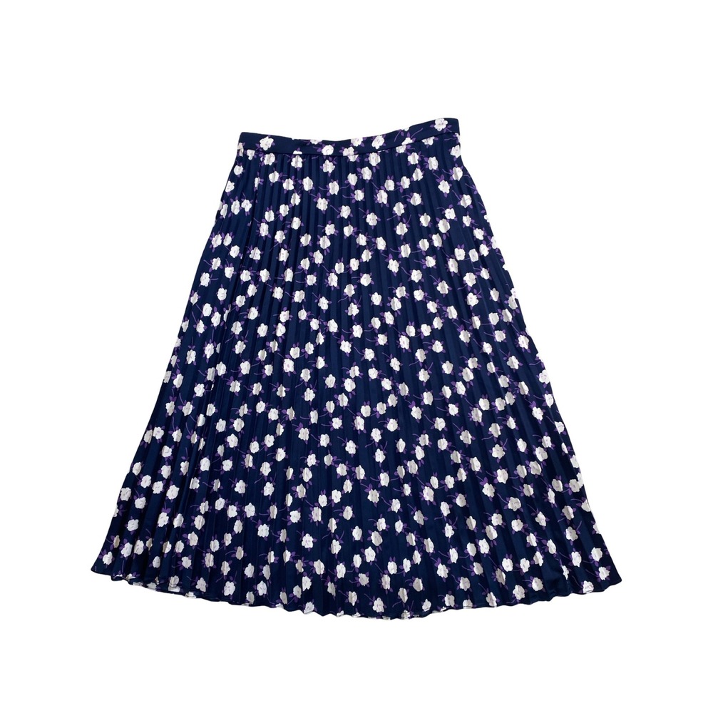 J.Crew Navy Blue Floral Pleated Midi Skirt Petite 4P Purple White Flowers A-Line - Picture 2 of 10